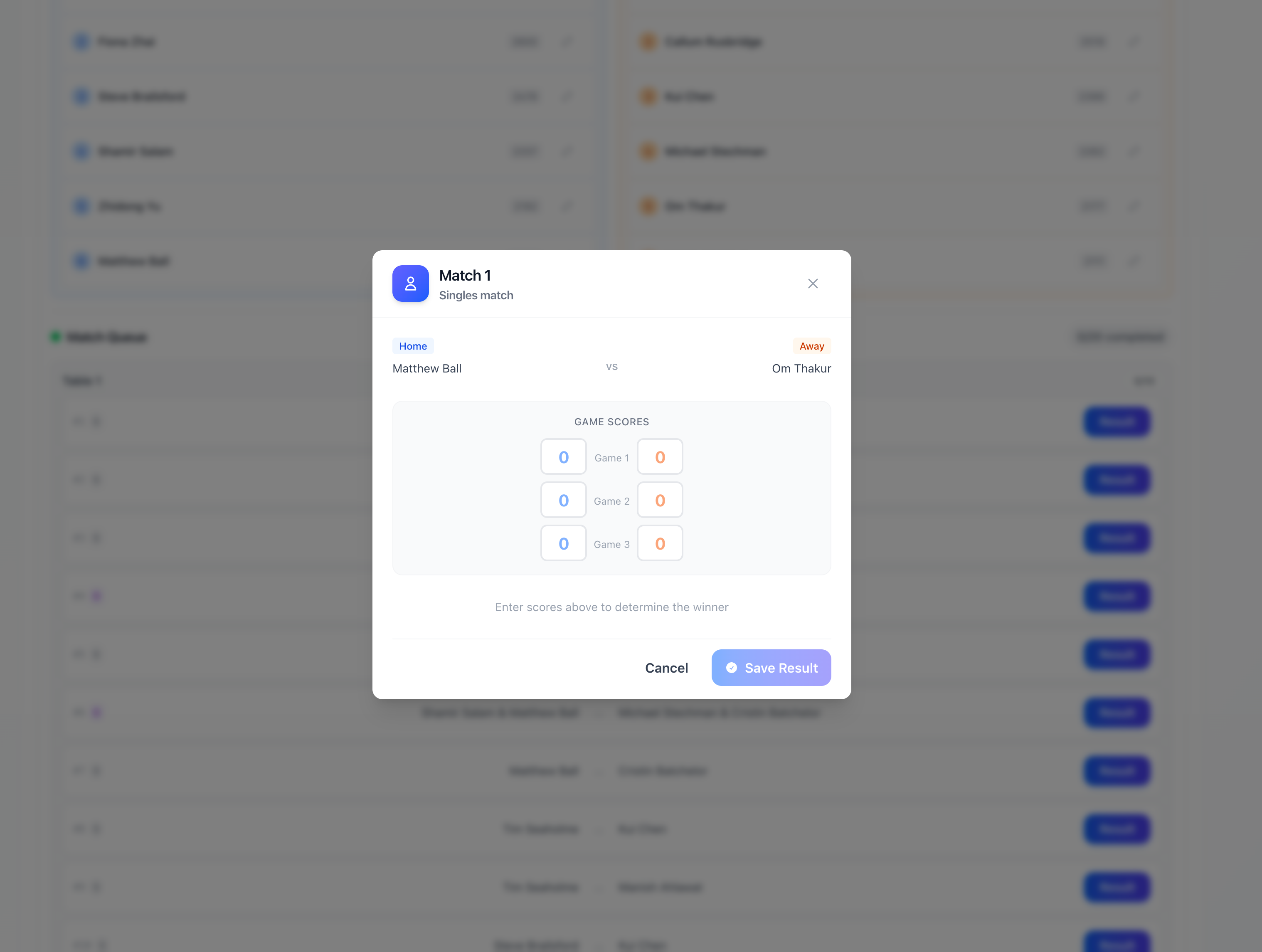 Enter match result form