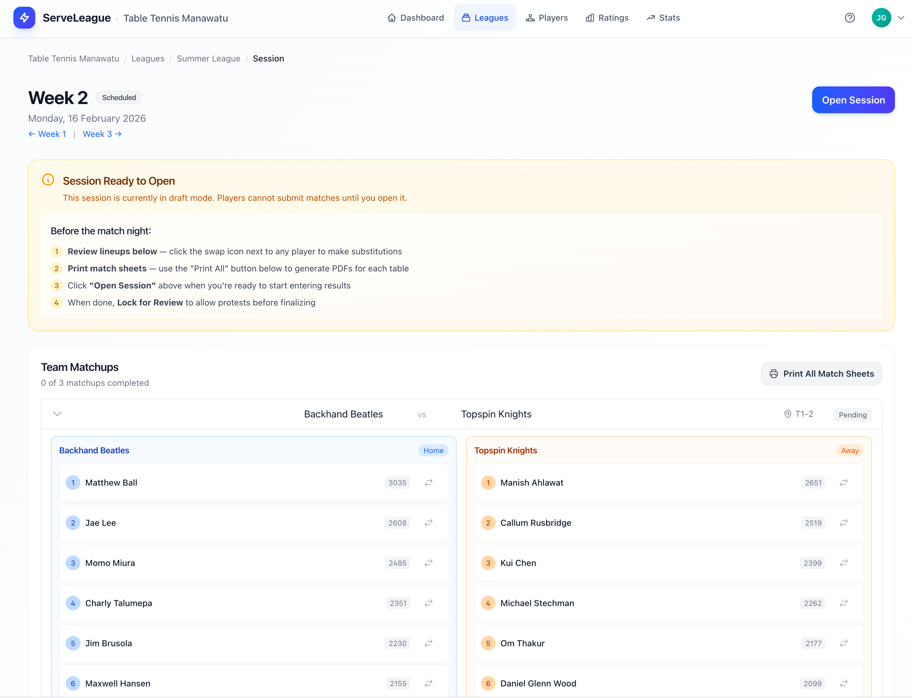 Session view showing match results