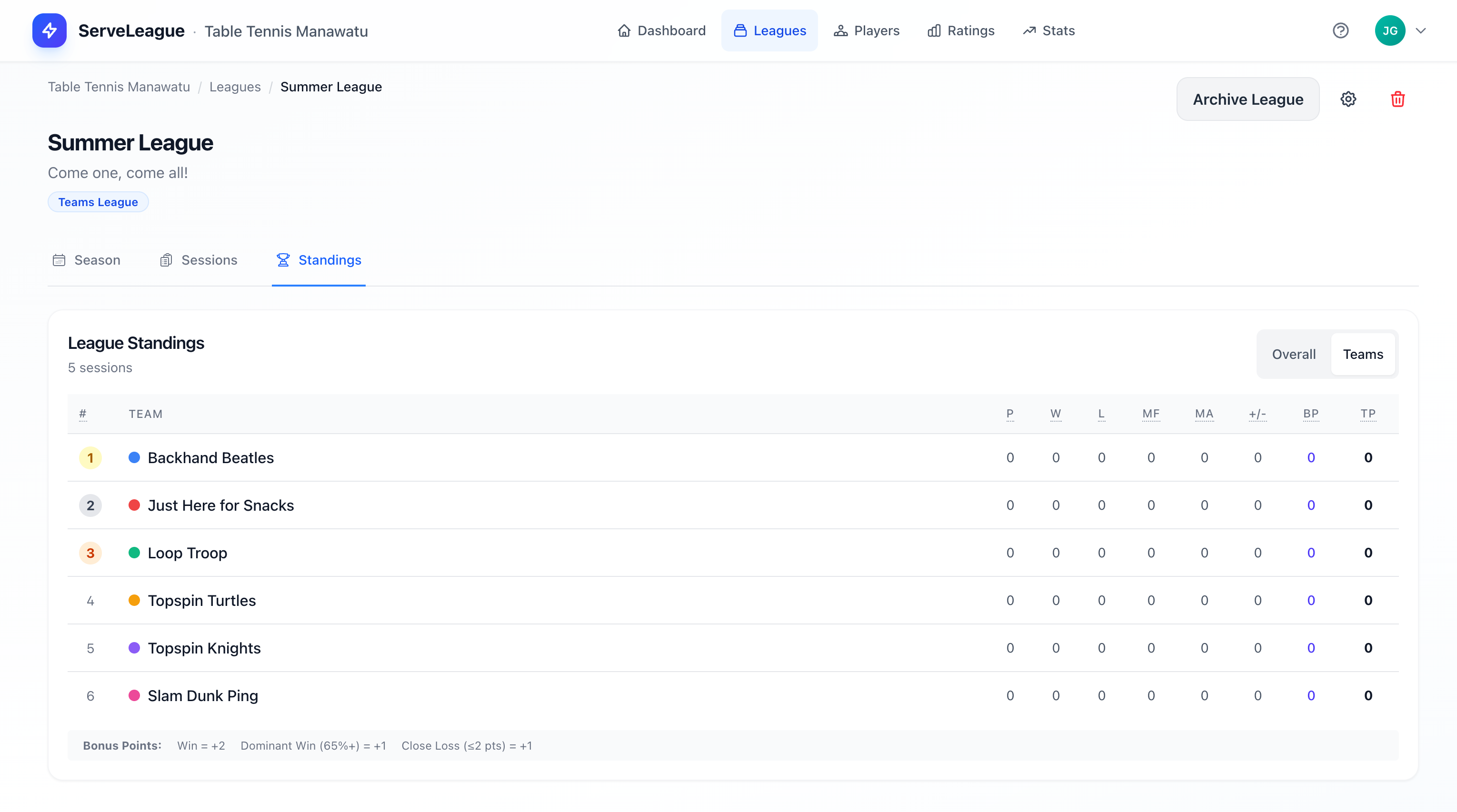League format selection screen