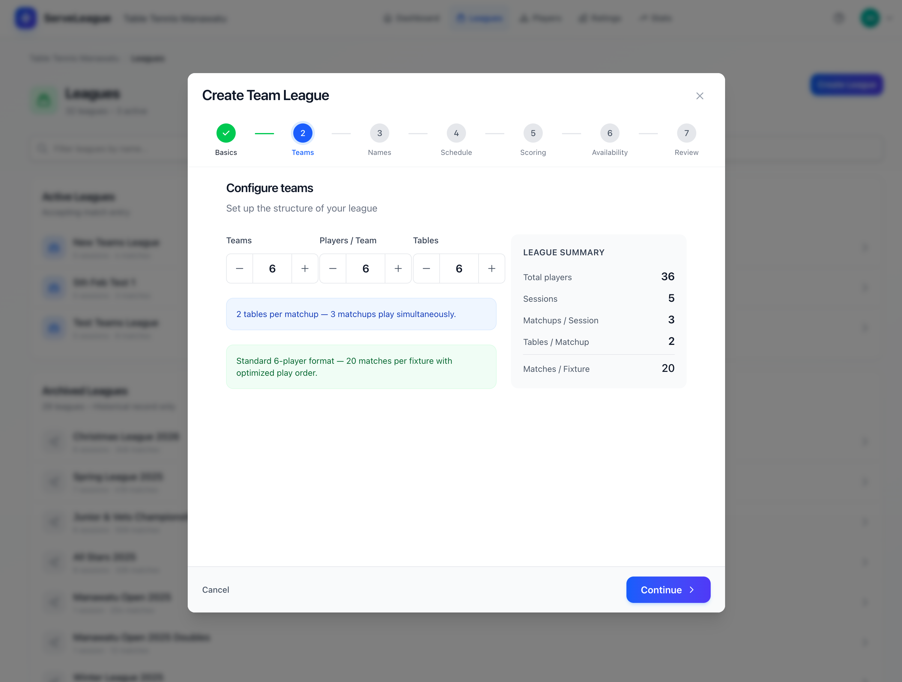 Team league standings view